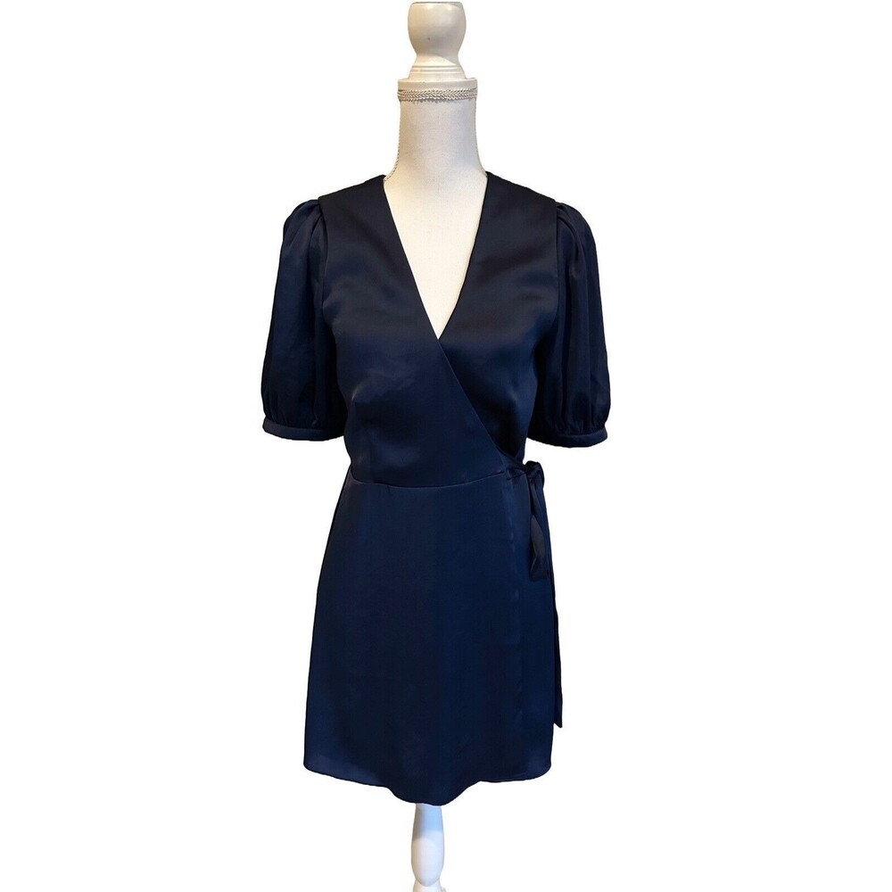 Aritzia Wilfred M Free Lune Dress Navy Blue Satin Puff Sleeve Wrap Medium Mini